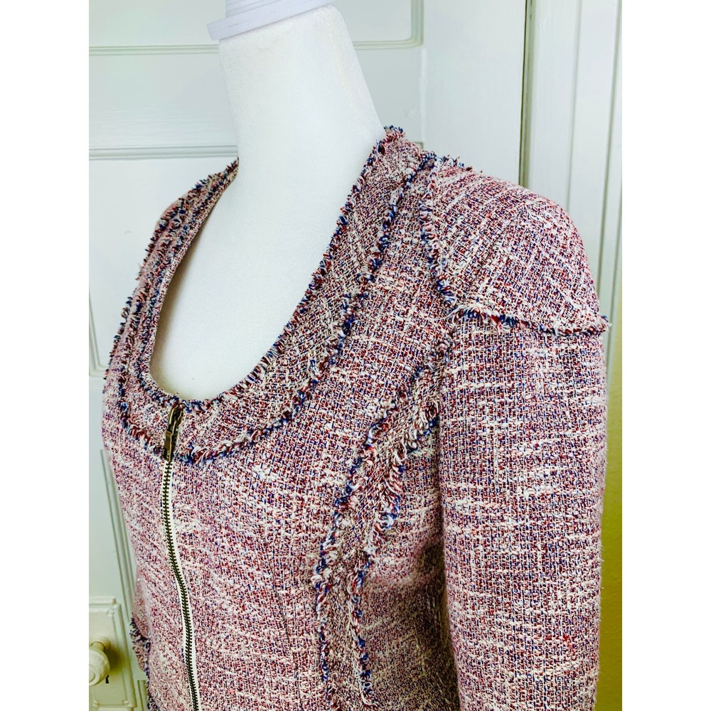 Banana Republic Frayed‎ Boucle Tweed Zip Front Linen Blend Cropped Jacket / 2 - Picture 3 of 16